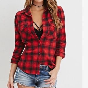 Forever 21 Black and Red Plaid Flannel snap button large